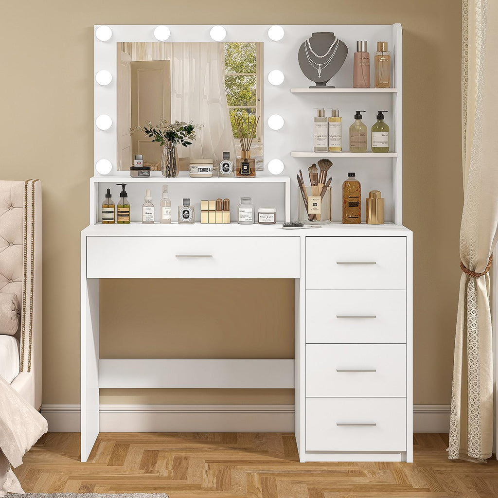 White Vanity Desk with Mirror & Lights, 5 Drawers & Storage Shelves Z878244