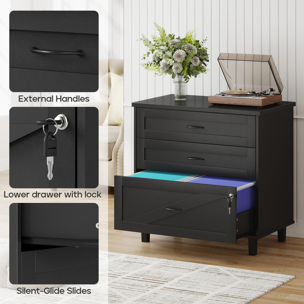 3-Drawer Wooden File Cabinet with Lock S36845