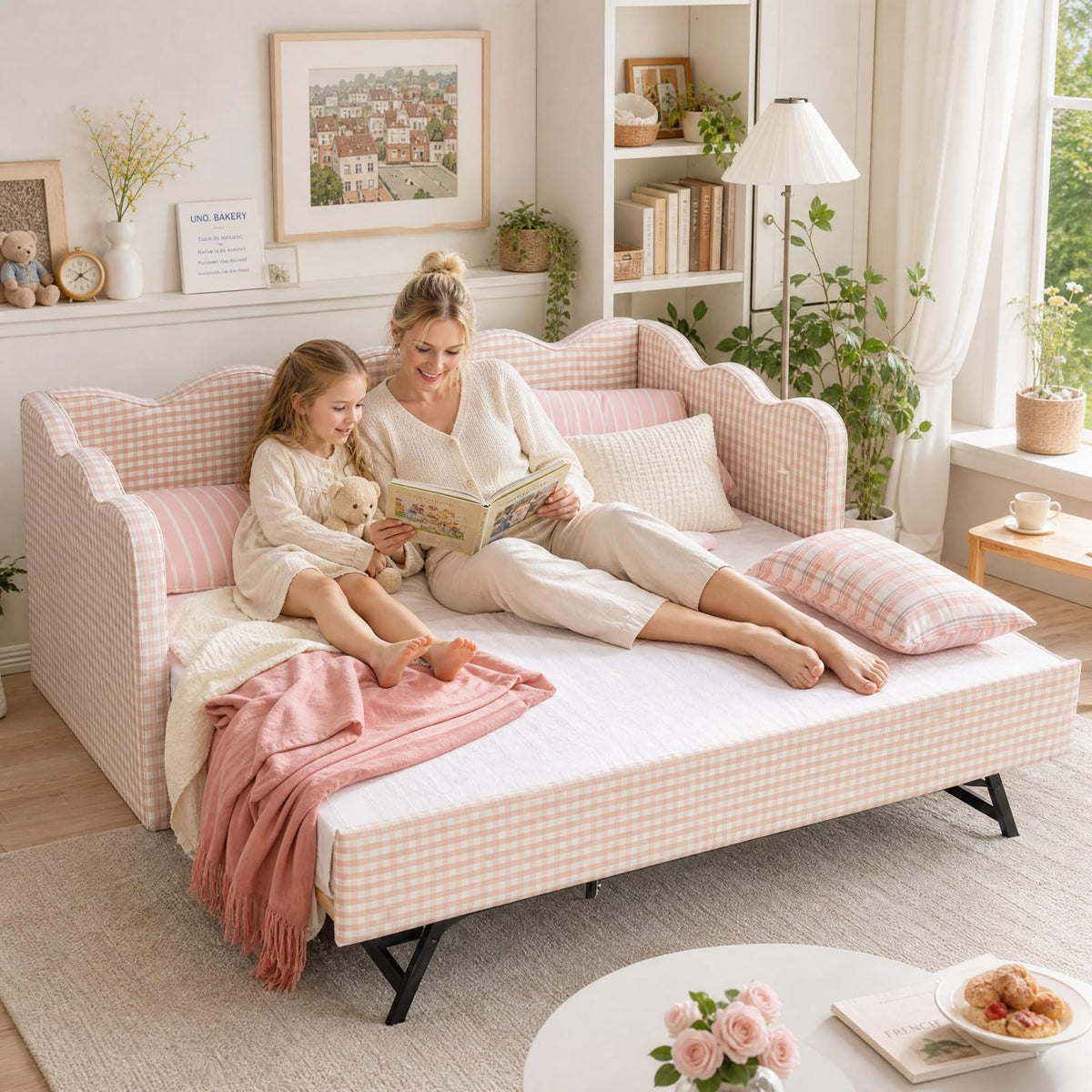 Pink Twin Size Linen Upholstered Daybed with Trundle D470097