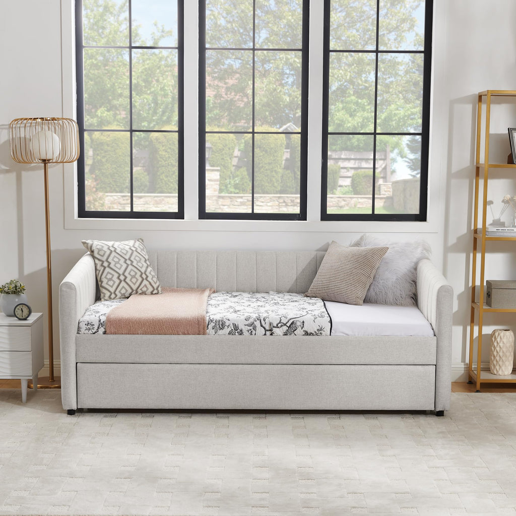 Twin Size Upholstered Linen Daybed with Trundle M19331
