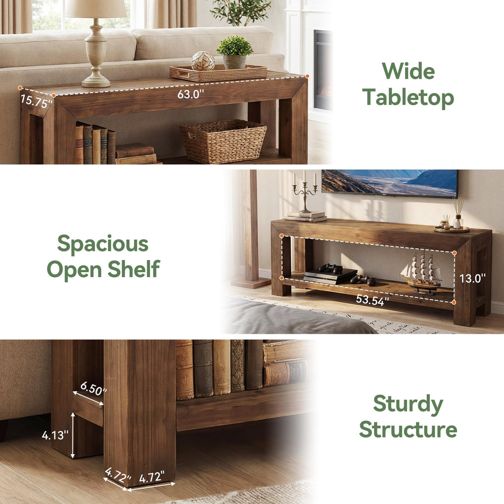 Solid Wood 63" TV Stand with Open Storage Shelves J477