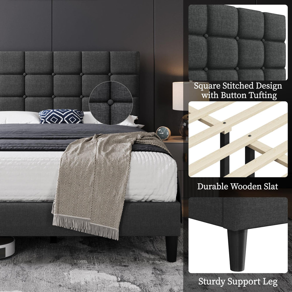 Full Size Upholstered Tufted Bed Frame with Headboard W339