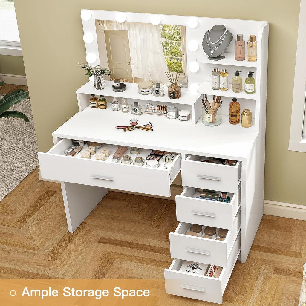 White Vanity Desk with Mirror & Lights, 5 Drawers & Storage Shelves Z878244