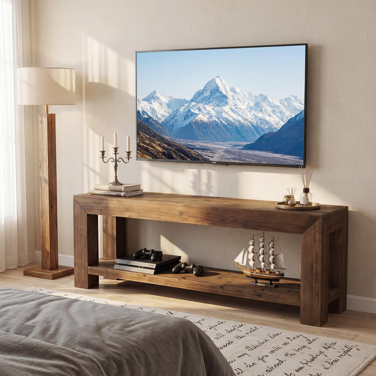 Solid Wood 63" TV Stand with Open Storage Shelves J477