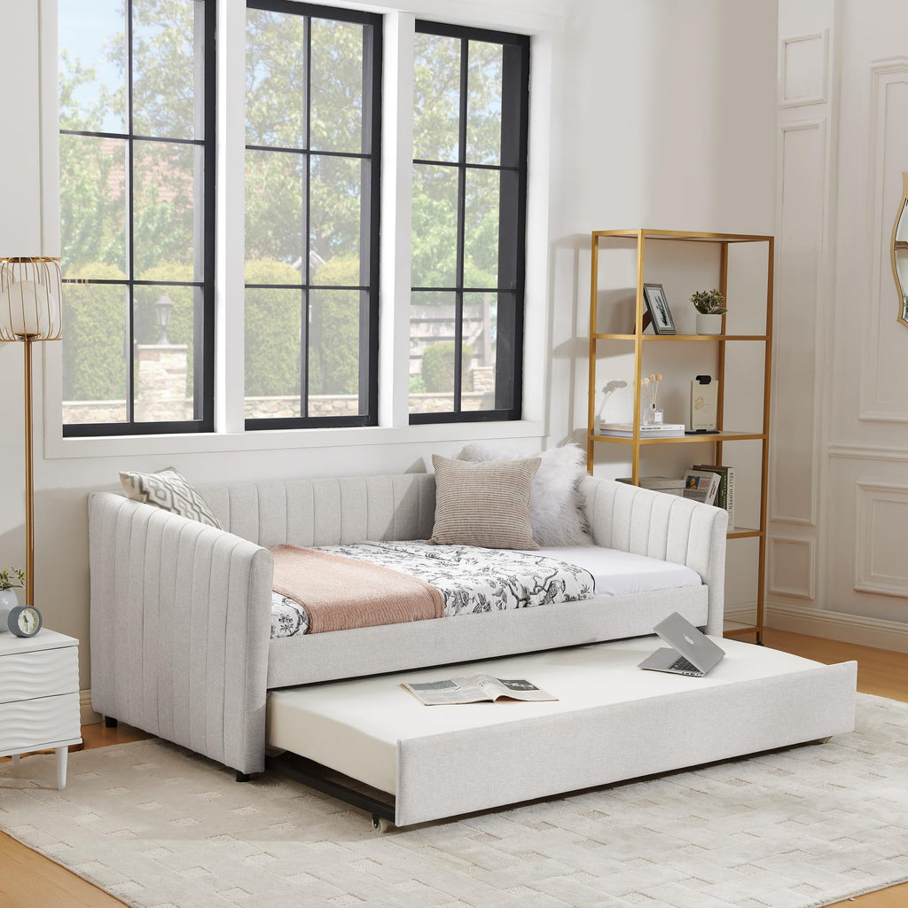 Twin Size Upholstered Linen Daybed with Trundle M19331