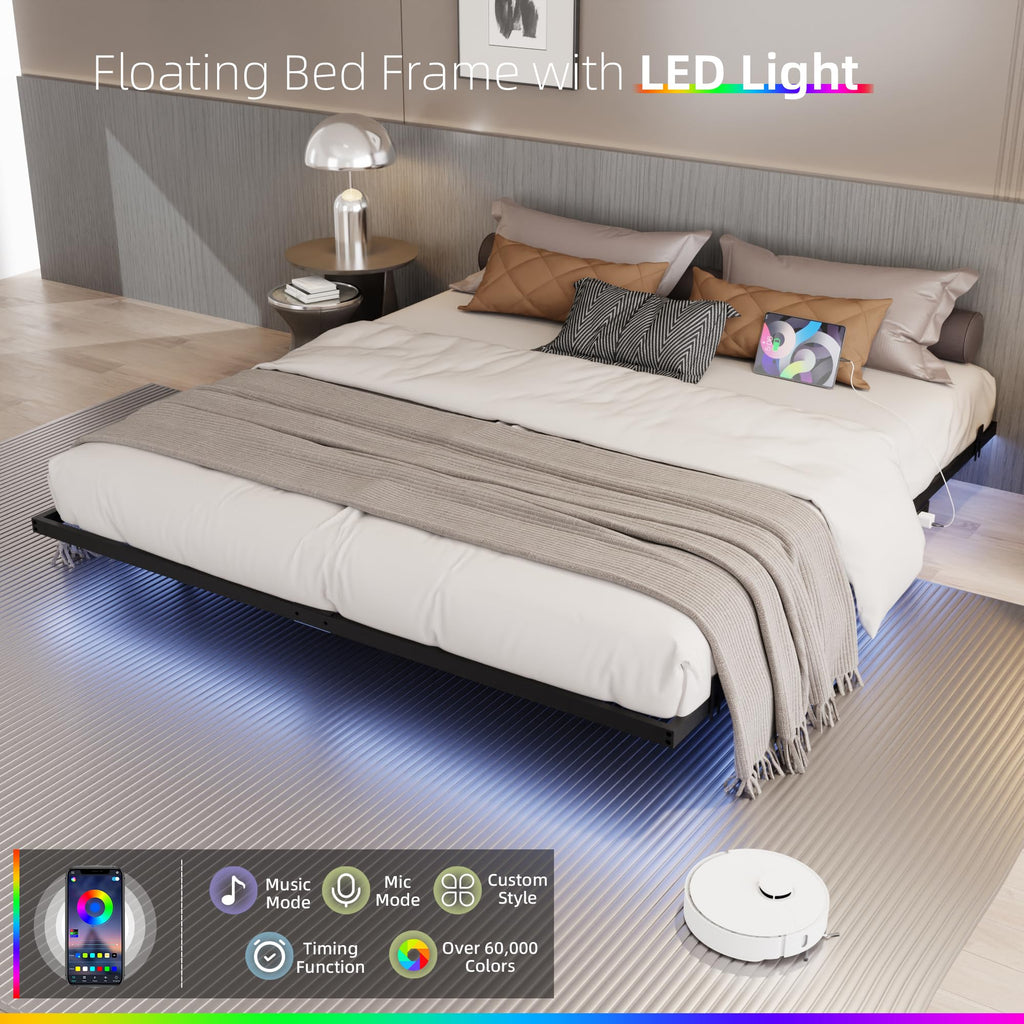 King Size Metal Platform Bed Frame with Charging Station and LED Lights F53552
