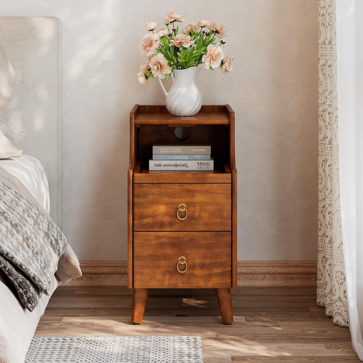 Solid Wood Narrow Nightstand with 2 Drawers I6364
