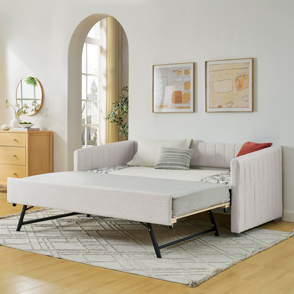 Twin Size Upholstered Linen Daybed with Trundle M19331
