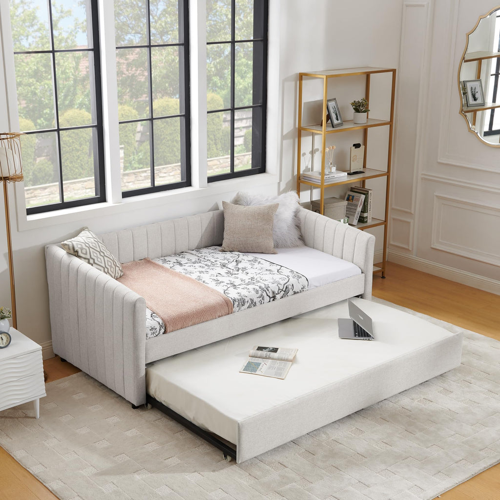 Twin Size Upholstered Linen Daybed with Trundle M19331