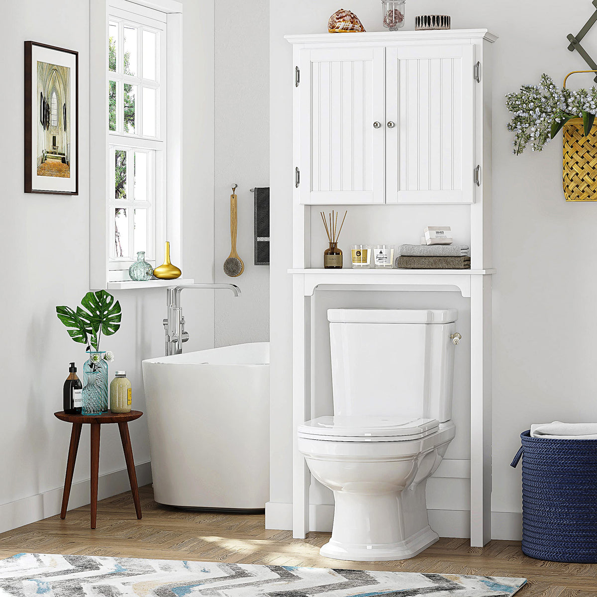 White Bathroom Storage Cabinet with Doors P8592