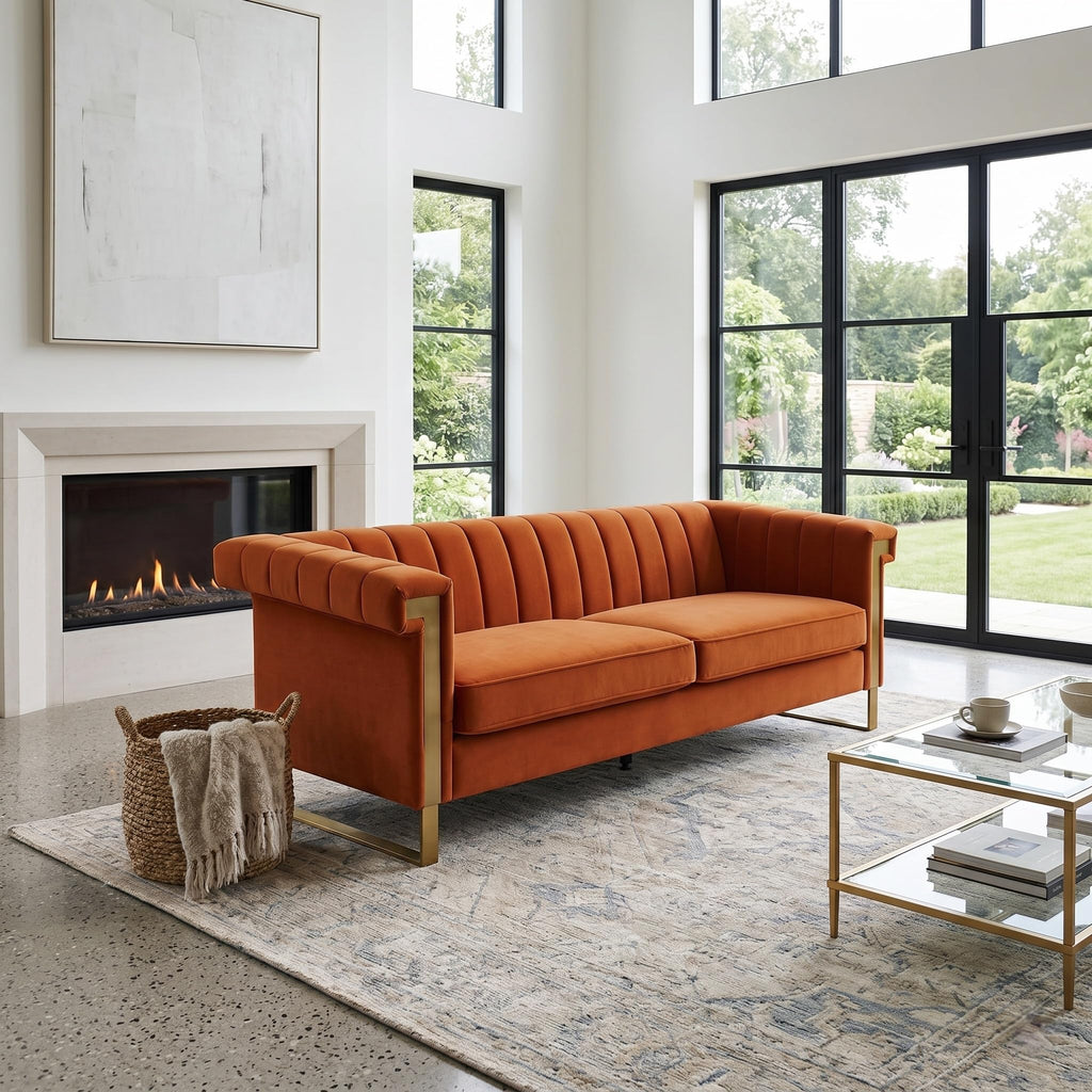 Orange Velvet 3 Seater Sofa with Gold Metal Legs H6030