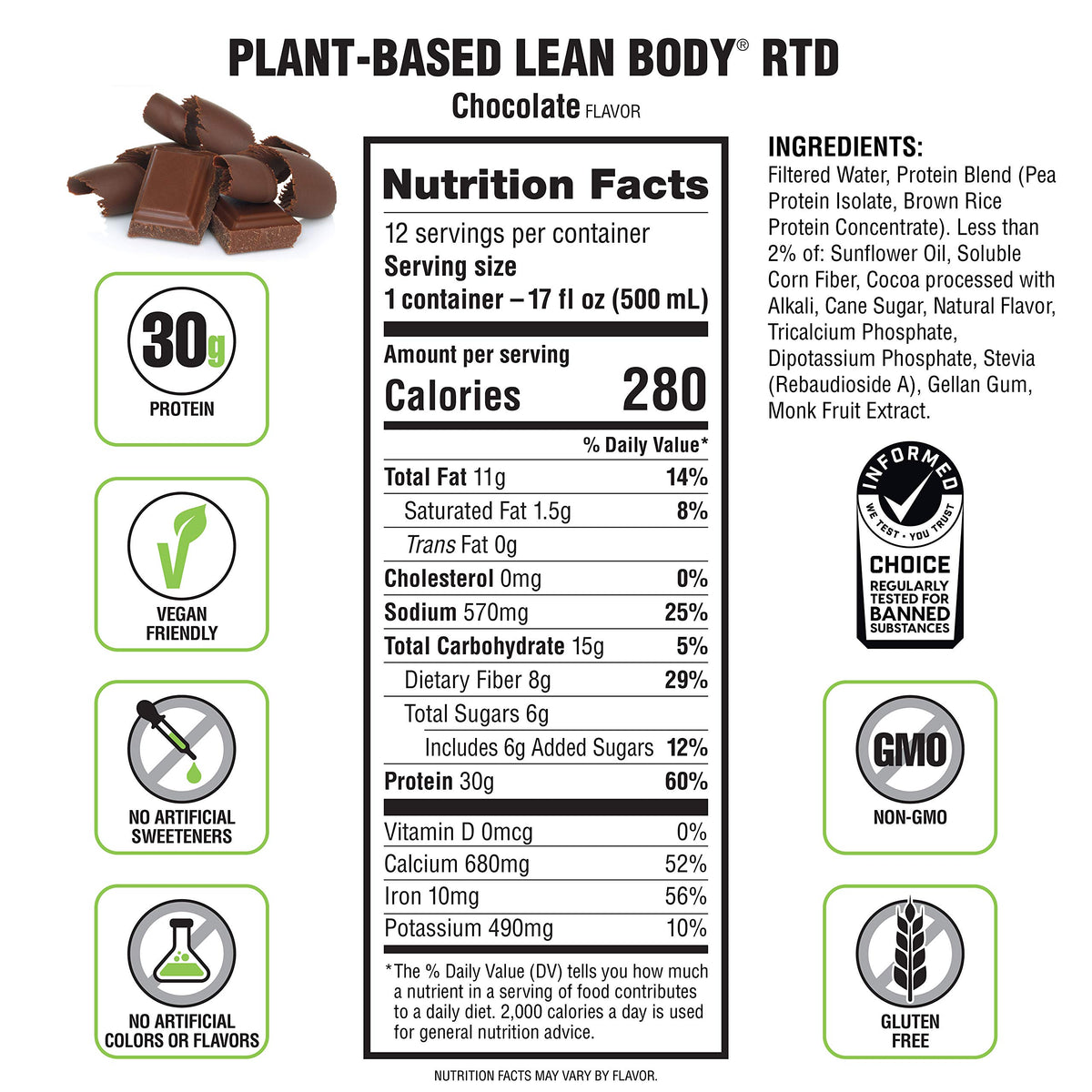 Plant-Based Vegan Chocolate Protein Shake, 30g Protein, Pack of 12 F874