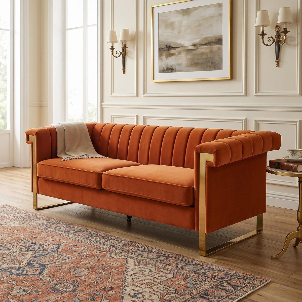 Orange Velvet 3 Seater Sofa with Gold Metal Legs H6030