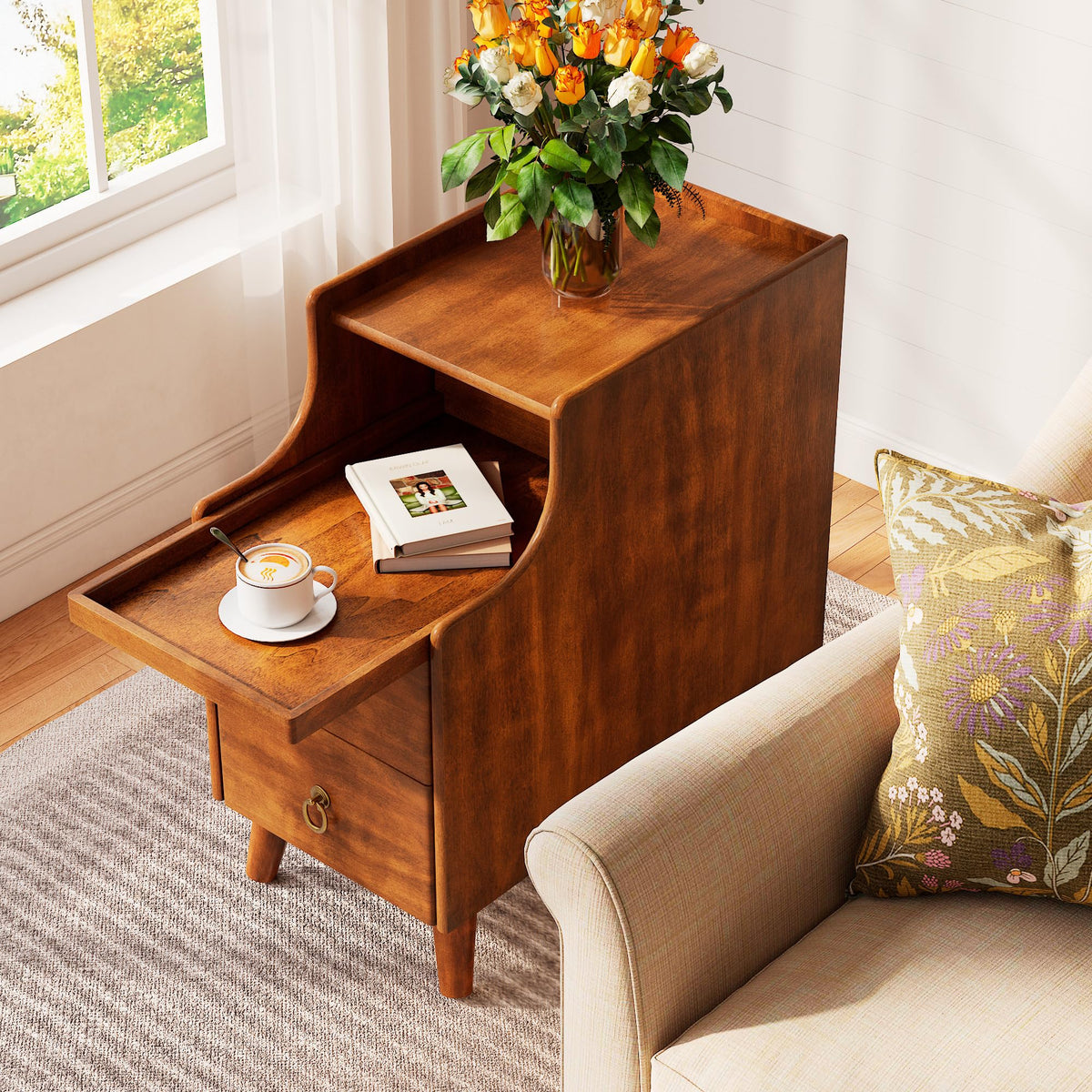 Solid Wood Narrow Nightstand with 2 Drawers I6364