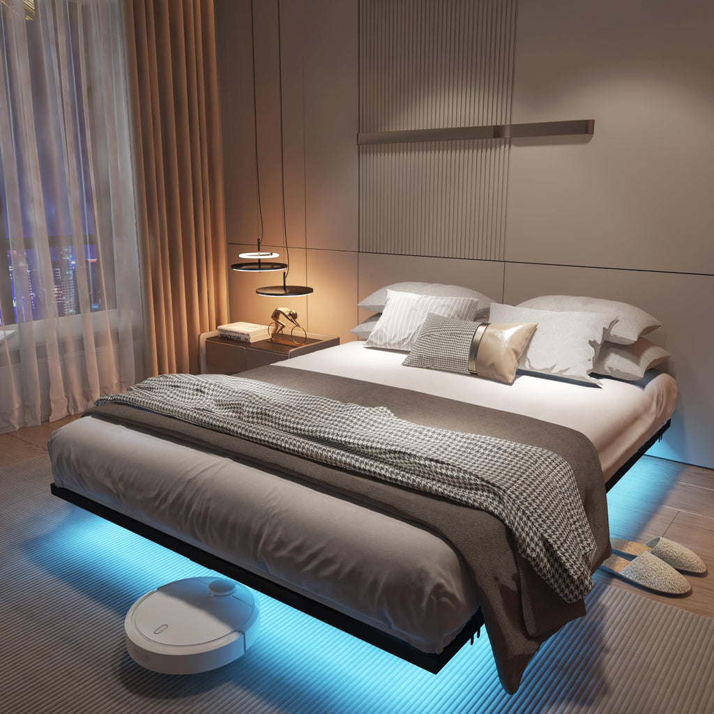 King Size Metal Platform Bed Frame with Charging Station and LED Lights F53552