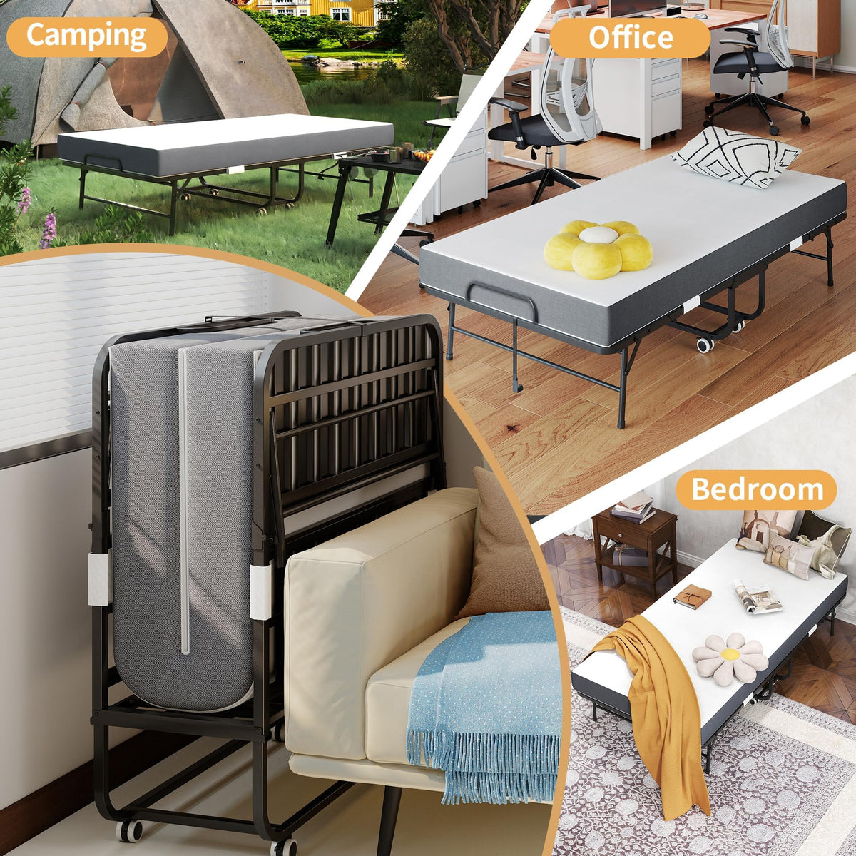 Foldable Roll Away Bed with Mattress 75" x 38" O58357