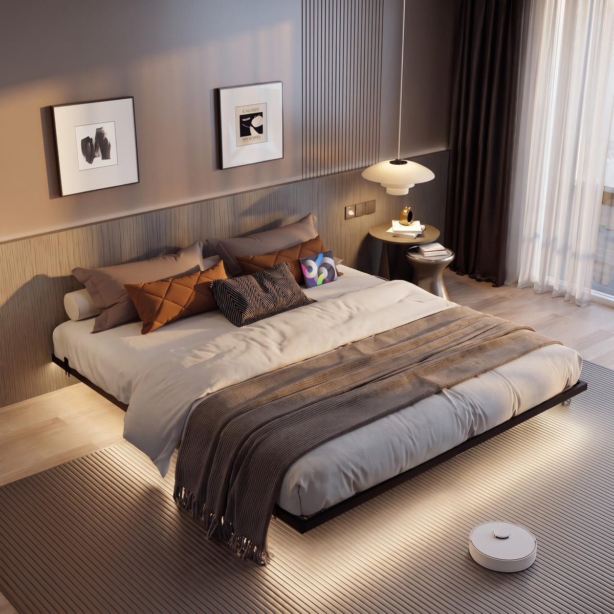 King Size Metal Platform Bed Frame with Charging Station and LED Lights F53552